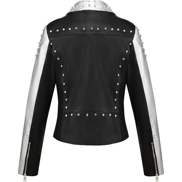 Women's faux leather Motorcycle Multicolor Jacket Zip up stand with Pockets - Picture 2 of 5